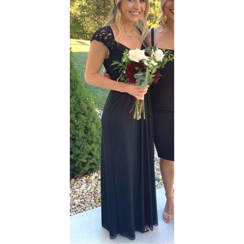 David’s Bridal black lace shoulder maxi dress